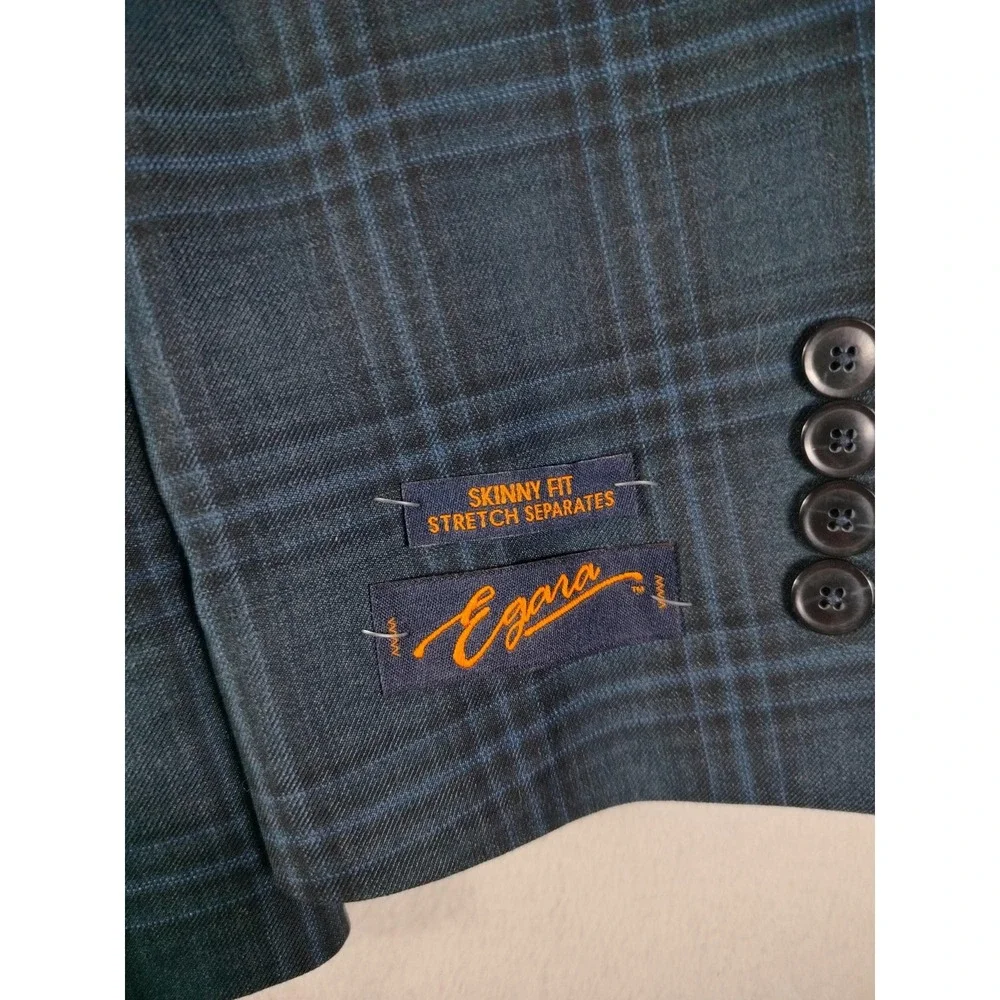 Egara Blazer Mens 40S Blue Plaid Skinny Fit Stretch Sport Coat Formal Business